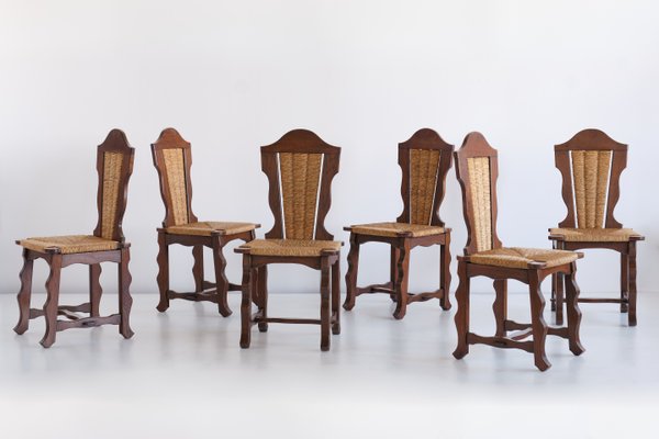 Dining Chairs in Oak and Rush Attributed to Victor Courtray, 1950s, Set of 6-FMT-960731