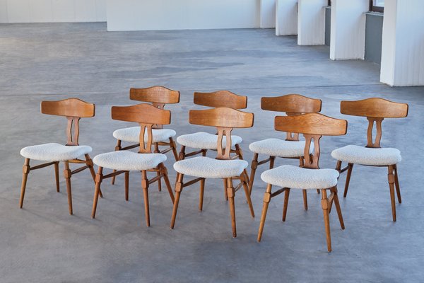 Dining Chairs in Oak & Bouclé by Henning Kjærnulf, Denmark, 1950s, Set of 8-FMT-1798172