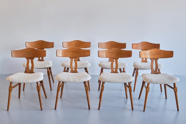 Dining Chairs in Oak & Bouclé by Henning Kjærnulf, Denmark, 1950s, Set of 8-FMT-1798172