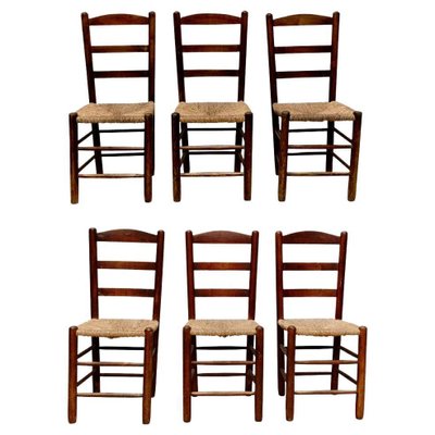 Dining Chairs in Wood & Rattan in the style of Charlotte Perriand, 1950s, Set of 6-WM-1287970