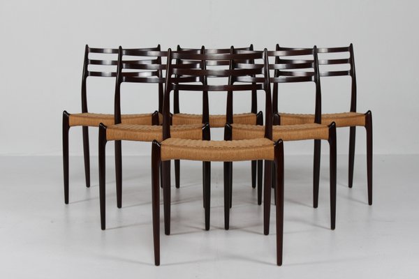 Dining Chairs No. 78 in Mahogany with Seats of Paper Cord by N. O. Møller for J. L. Møllers Møbelfabrik, Denmark, 1960s, Set of 6-QQ-2022478