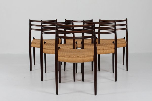 Dining Chairs No. 78 in Mahogany with Seats of Paper Cord by N. O. Møller for J. L. Møllers Møbelfabrik, Denmark, 1960s, Set of 6-QQ-2022478