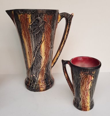 Dinosaur-Shaped Jug with Cups in Art Deco Shape and Colours, 1940s, Set of 7-QDP-665604