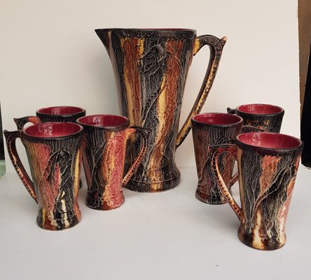 Dinosaur-Shaped Jug with Cups in Art Deco Shape and Colours, 1940s, Set of 7-QDP-665604