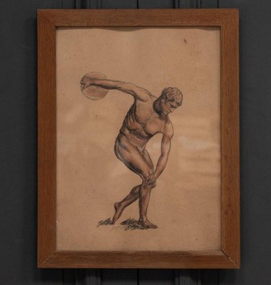 Discobolos, 1930s, Charcoal & Sanguine Drawing, Framed-QKG-1738411