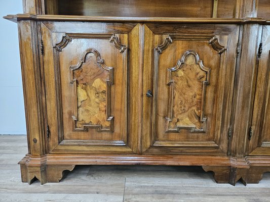 Double Body Bookcase in Walnut and Walnut Root with Shelves and Worked Doors, 1980s-ZUW-2019880