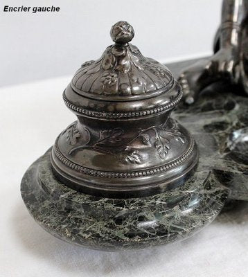 Double Inkwell in Silver-Plated Bronze & Sea Green Marble, 1900s-RVK-1021596