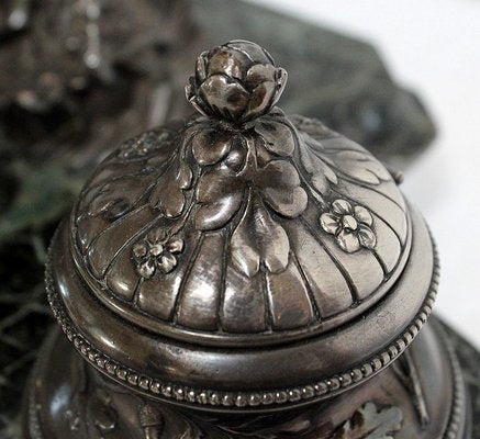 Double Inkwell in Silver-Plated Bronze & Sea Green Marble, 1900s-RVK-1021596