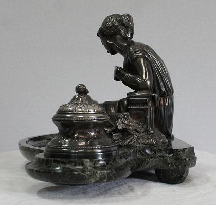 Double Inkwell in Silver-Plated Bronze & Sea Green Marble, 1900s-RVK-1021596