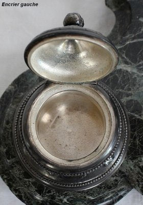 Double Inkwell in Silver-Plated Bronze & Sea Green Marble, 1900s-RVK-1021596