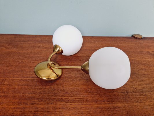 Double Wall Light in Brass and White Satin Glass, 1950s-FAX-2015998