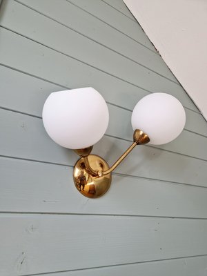 Double Wall Light in Brass and White Satin Glass, 1950s-FAX-2015998