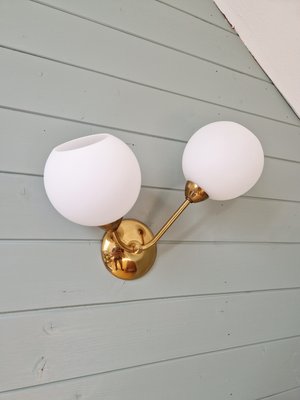 Double Wall Light in Brass and White Satin Glass, 1950s-FAX-2015998