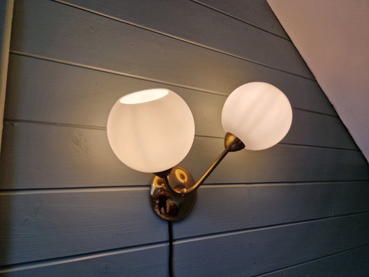 Double Wall Light in Brass and White Satin Glass, 1950s-FAX-2015998