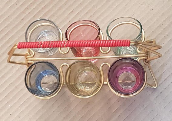 Drinking Shot Glass Set with Metal Holder, 1950s-QDP-1140415