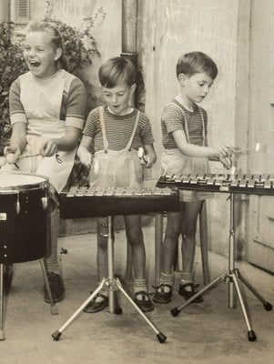 Drumming Kids, Black & White Photograph on Wooden Board, 1940s-GPP-1047677