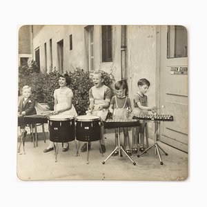 Drumming Kids, Black & White Photograph on Wooden Board, 1940s-GPP-1047677