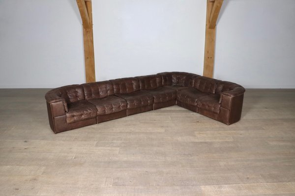 Ds-11 Modular Sofa Sectionals in Brown Patchwork Leather from De Sede, Switzerland, 1969, Set of 7-ZZP-1758688