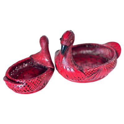 Duck-Shaped Vide Poches or Baskets in Rattan, Italy 1970s, Set of 2-UR-1806480