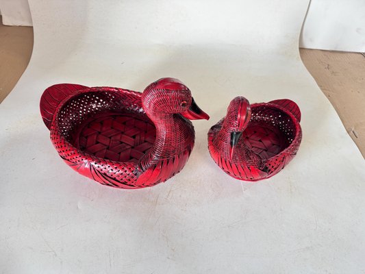 Duck-Shaped Vide Poches or Baskets in Rattan, Italy 1970s, Set of 2-UR-1806480