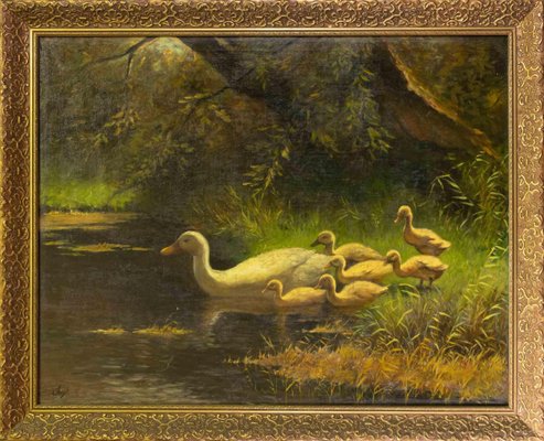 Ducks on the Waterfront, Oil on Linen, Early 20th Century-ZCI-2032695