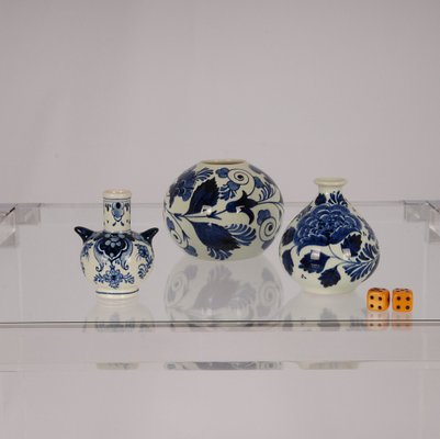 Dutch Art Deco Blue and White Delftware Vases, 1940s, Set of 3-GOE-1342265