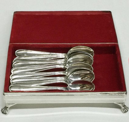 Dutch Biedermeier Style Silver Spoon Box with Mocca Spoons, Set of 11-UCH-1224962