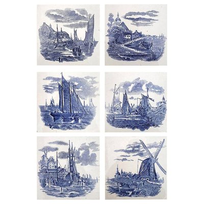 Dutch Blue Ceramic Tiles by Gilliot Hemiksen, 1930s, Set of 6-VDW-839114