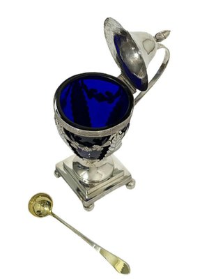 Dutch Blue Crystal Mustard Pot with Silver Mount by Jan Van Der Cop, 1833, Set of 2-UCH-1224342