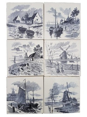 Dutch Blue Glazed Ceramic Tiles by Le Glaive, 1930s, Set of 6-VDW-751584