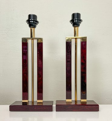 Dutch Brass and Red Acrylic Colomn Table Lamps, 1970, Set of 2-WZZ-1719393