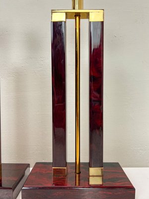 Dutch Brass and Red Acrylic Colomn Table Lamps, 1970, Set of 2-WZZ-1719393