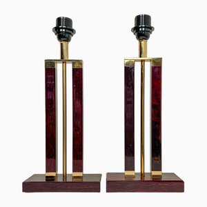 Dutch Brass and Red Acrylic Colomn Table Lamps, 1970, Set of 2-WZZ-1719393