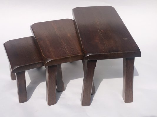 Dutch Brutalist Oak Nesting Tables, 1970s, Set of 3-BHG-1007713