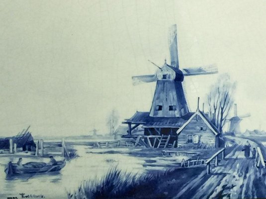 Dutch Delft Bottle Plaque Depicting Windmills in a Dutch Landscape from Porceleyne Fles, 1892-UCH-1224482