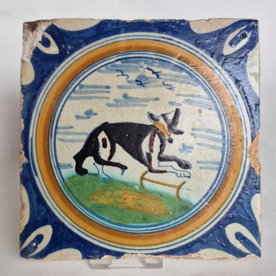 Dutch Dog with Collar Tile from Delft, 1580s-BXK-2026771