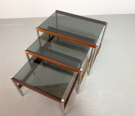 Dutch Nesting Tables in Smoked Glass Top, Wenge & Chrome from Fristho, 1960s, Set of 3-IXC-1430682