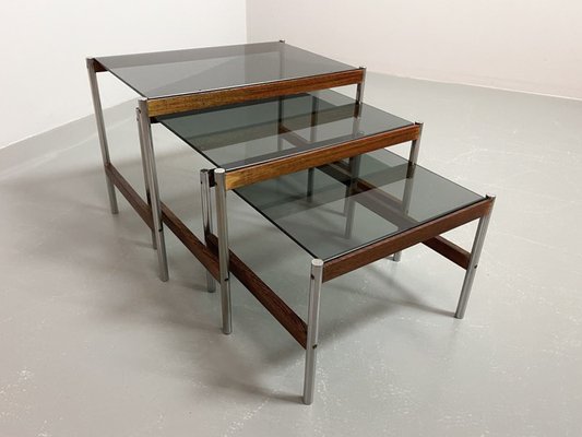 Dutch Nesting Tables in Smoked Glass Top, Wenge & Chrome from Fristho, 1960s, Set of 3-IXC-1430682