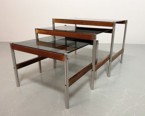 Dutch Nesting Tables in Smoked Glass Top, Wenge & Chrome from Fristho, 1960s, Set of 3-IXC-1430682