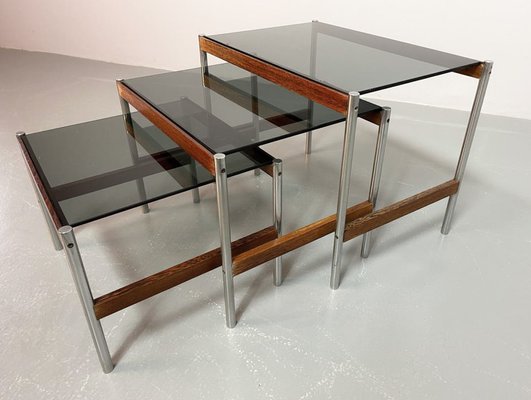 Dutch Nesting Tables in Smoked Glass Top, Wenge & Chrome from Fristho, 1960s, Set of 3-IXC-1430682