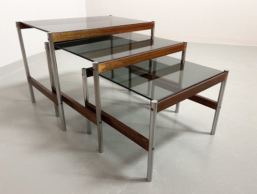 Dutch Nesting Tables in Smoked Glass Top, Wenge & Chrome from Fristho, 1960s, Set of 3-IXC-1430682