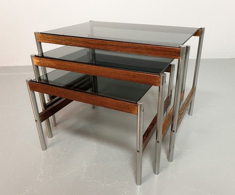 Dutch Nesting Tables in Smoked Glass Top, Wenge & Chrome from Fristho, 1960s, Set of 3-IXC-1430682