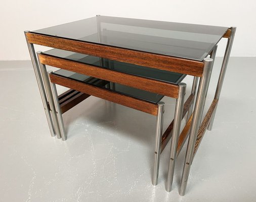 Dutch Nesting Tables in Smoked Glass Top, Wenge & Chrome from Fristho, 1960s, Set of 3-IXC-1430682