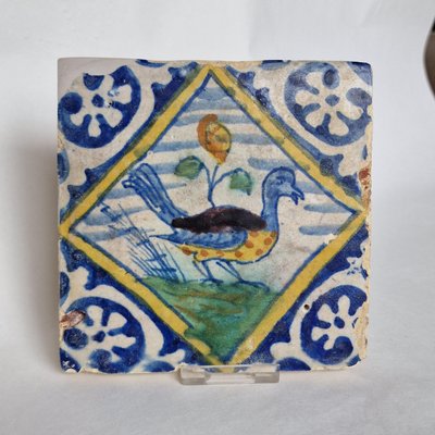 Dutch Peacock Square Tile from Delft, 1600s-BXK-2026759