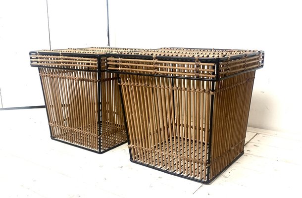 Dutch Rattan and Steel Storage Baskets by Dirk Van Sliedregt Attr. For Rohé, 1960s, Set of 2-WZZ-974030