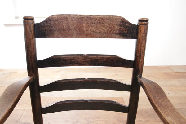 Dutch Rural Ladder Back Oak Rush Seat Armchairs, 1920s, Set of 2-XQB-1813455