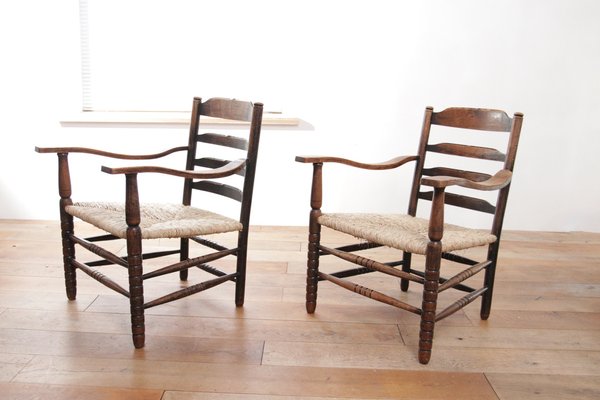 Dutch Rural Ladder Back Oak Rush Seat Armchairs, 1920s, Set of 2-XQB-1813455