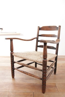 Dutch Rural Ladder Back Oak Rush Seat Armchairs, 1920s, Set of 2-XQB-1813455