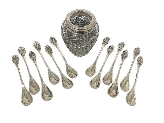 Dutch Silver and Crystal Spoon Vase with Twelve Spoons, 1910, Set of 13-UCH-1743418