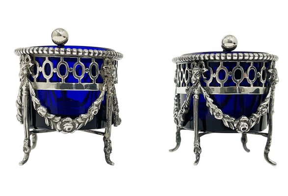 Dutch Silver with Blue Crystal Glass Salt Cellars by P. Heerens, 1890s, Set of 4-UCH-1727037